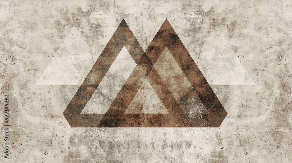 Poster A close-up view of a textured concrete wall with an abstract geometric design overlaid on its surface. The design features brown and white triangular shapes arranged in a layered pattern, creating a v