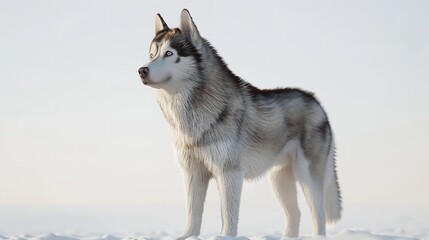 Obraz premium Siberian Husky standing in profile on white background, displaying its majestic coat and sharp blue eyes.