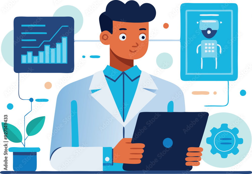 Poster a scientist analyzes data on a tablet while surrounded by digital displays and a potted plant.