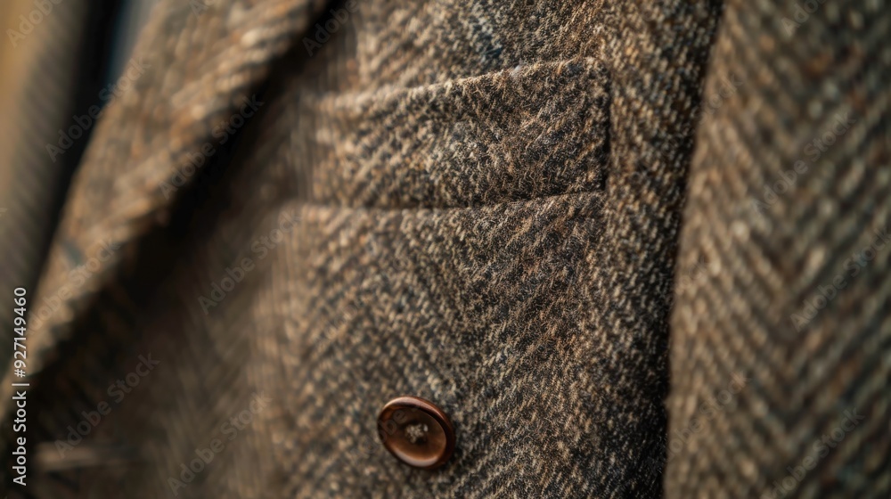 Poster A close-up shot of a brown herringbone tweed jacket. The fabric is textured and woven in a herringbone pattern. A single button is visible on the front of the jacket, and a pocket is visible on the le
