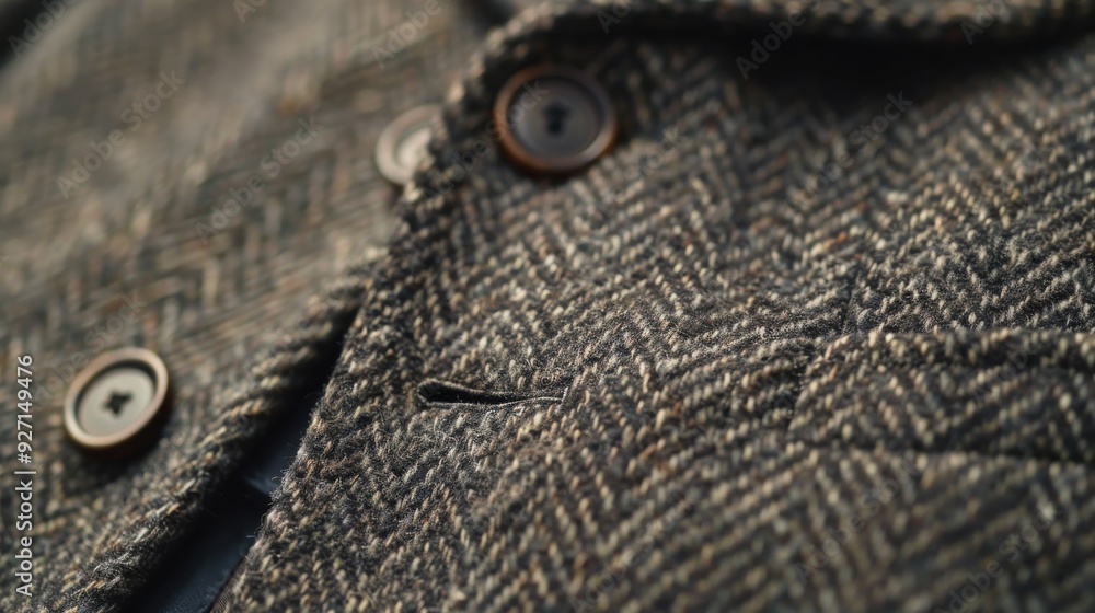 Poster a close-up view of a grey herringbone tweed jacket with a button in the center. the fabric has a dis