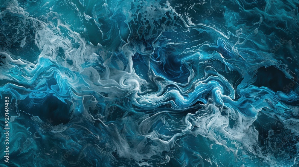 Poster A close-up abstract image of swirling blue and white paint, simulating ocean water. The swirling patterns and colors create a sense of movement and depth, evoking the feeling of being underwater.