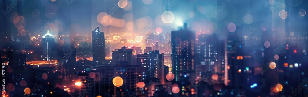 Poster a nighttime view of a city with tall buildings, illuminated by streetlights, creating a soft, blurre