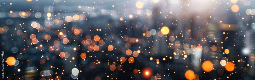 Poster a blurred view of a city at night with many lights, creating a bokeh effect. the lights appear as sm