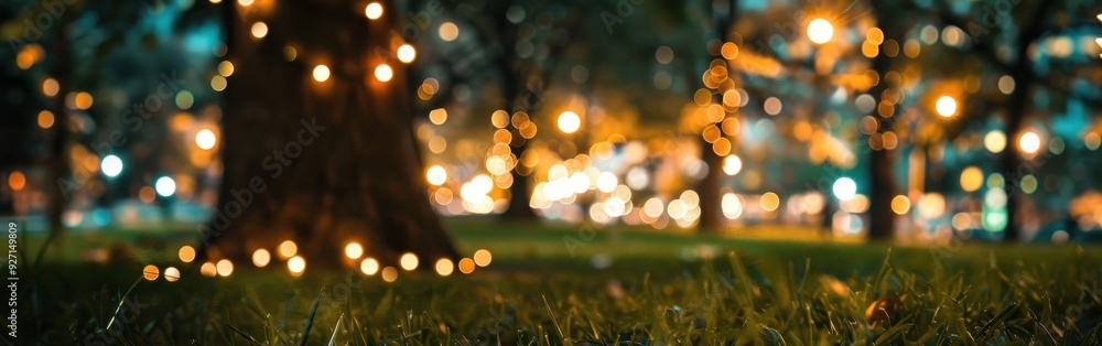 Poster A low angle view of a tree trunk with warm, white fairy lights wrapped around it. The tree is in a park with lush green grass in the foreground and a blurred background of trees and string lights.