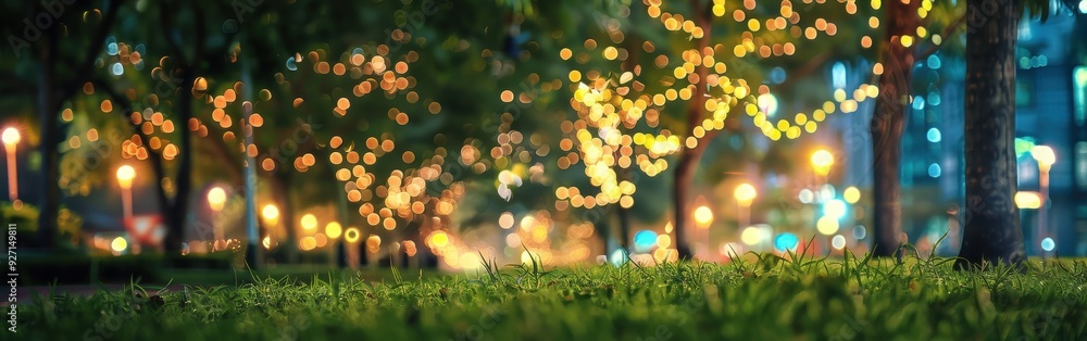 Poster A close-up view of green grass in the foreground, with blurred out-of-focus trees and streetlights in the background. The trees have string lights strung through them, creating a festive, warm glow. T