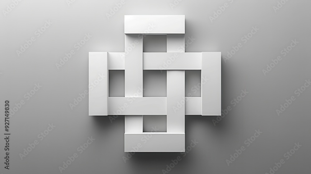 Poster a white geometric design is mounted on a gray wall. the design is composed of several rectangular pi
