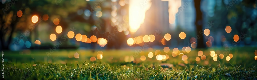 Aufkleber A close-up view of green grass in a city park with golden bokeh lights from the setting sun and surrounding buildings blurred in the background.