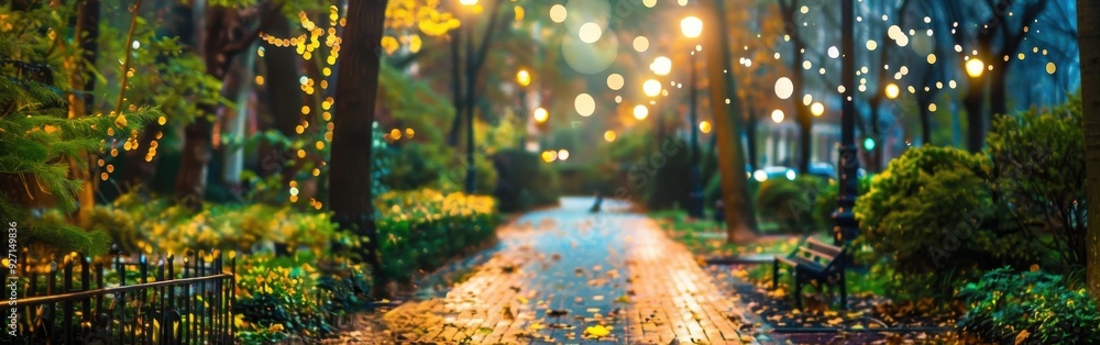 Poster A pathway lined with trees and illuminated by string lights winds through a park in autumn. The trees are mostly bare, with some remaining leaves still clinging to the branches. Fallen leaves litter t