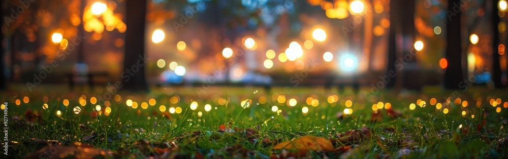 Poster a close-up view of green grass in a park at night, with a blurred background of streetlights and tre