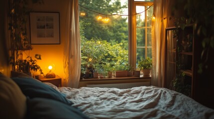 Fototapeta premium Serene Bedroom Oasis: Soft Lighting, Comfy Bed, Garden View