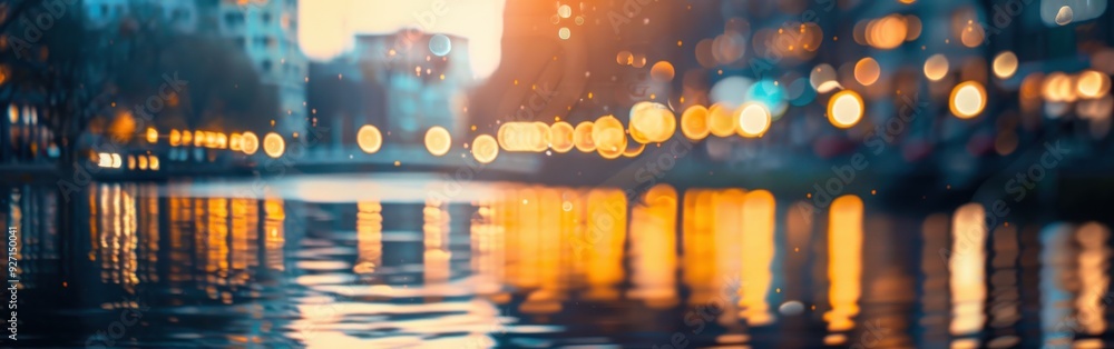 Poster the setting sun casts a warm glow on a cityscape, with shimmering water reflecting the city lights i