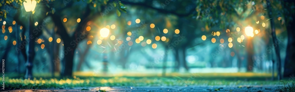 Poster The image captures a blurred view of a park at night, with trees and a paved pathway in the foreground. Several street lights are illuminating the scene, creating a warm, inviting atmosphere. The soft
