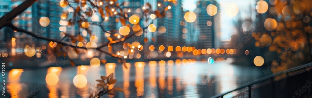 Poster a blurred image of a city at night, with the lights reflecting in a river. a tree branch with leaves