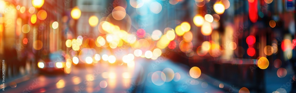 Poster a blurry, abstract image depicting a cityscape at night, with bright bokeh lights illuminating the s