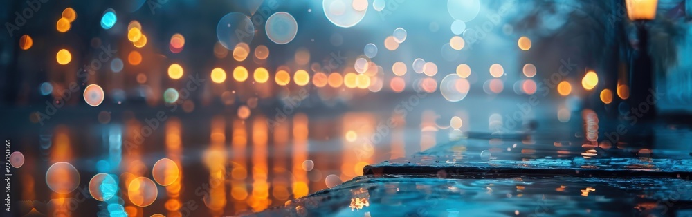 Poster A close-up view of wet pavement with a blurred background of city lights reflected in a body of water. The bokeh effect creates a dreamy and romantic feel.