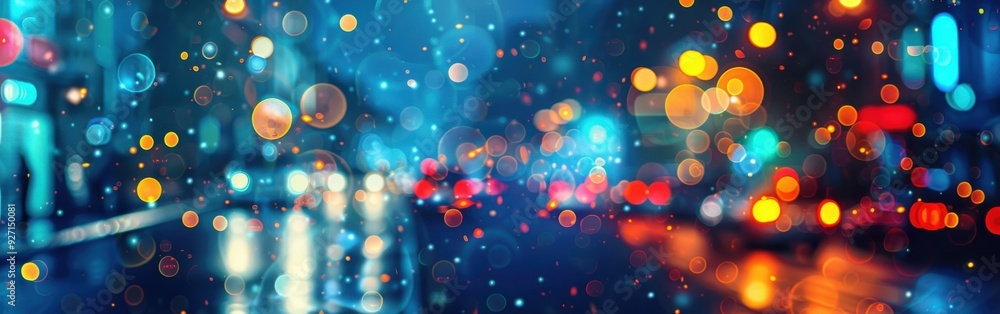 Poster A photograph of an abstract cityscape at night. Out-of-focus lights create a colorful, bokeh effect. The scene is full of bright, vibrant colors, including blue, red, orange, and yellow.