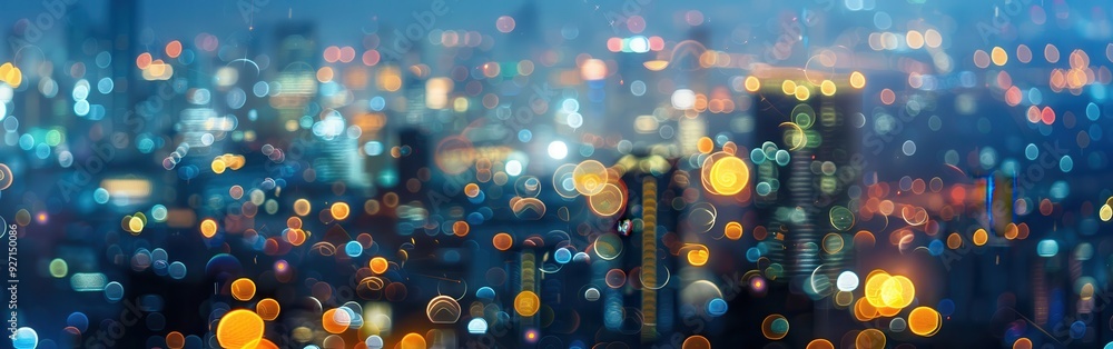 Aufkleber An out-of-focus view of a city at night, with colorful bokeh lights creating a mesmerizing and abstract pattern. The cityscape is partially visible in the background, adding depth and context to the i