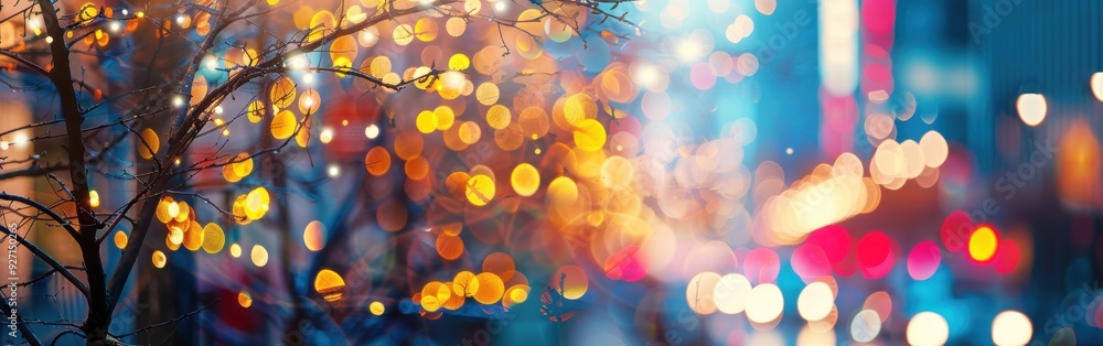 Poster A tree branch with bare branches is in the foreground, with bright lights from a city in the background. The lights create a blurred effect, with the colors of red, yellow, and orange dominating the i