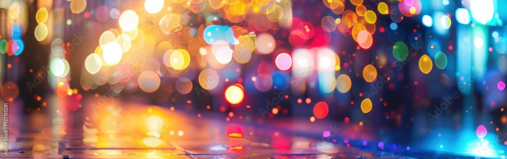 Poster A blurry image of a city street at night, with bright lights reflecting on a wet pavement. The city lights are out of focus and appear as colorful circles, creating an abstract effect. The image has a