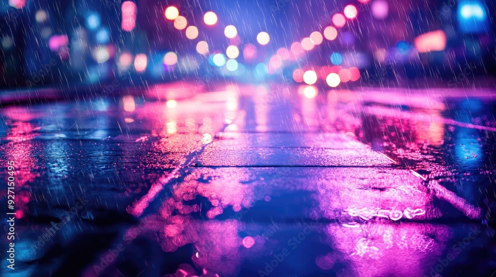 Poster wet pavement with city lights reflection. perfect for design elements or website backgrounds.