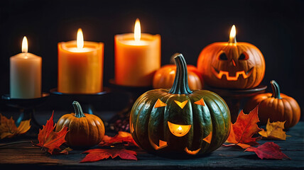 retro halloween pumpkins on table with lighting