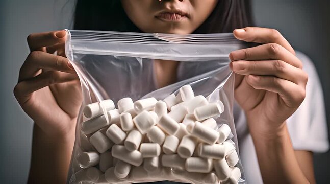 Unhealthy Lifestyle. Asian Young Woman with Heroin or Cocaine