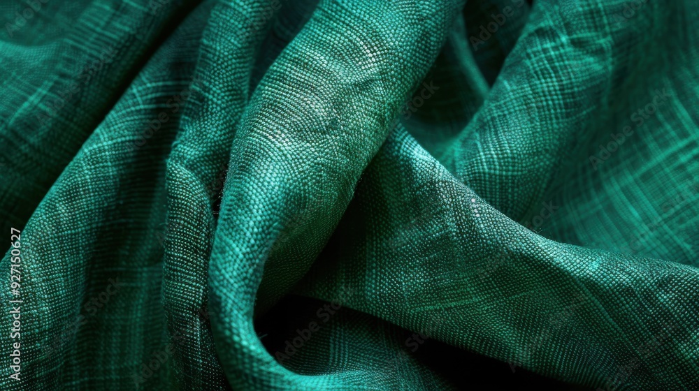 Poster A close-up photograph showcases the intricate details of a lush emerald green fabric with a textured weave, creating a luxurious and inviting feel. The fabric is draped and folded, emphasizing its sof