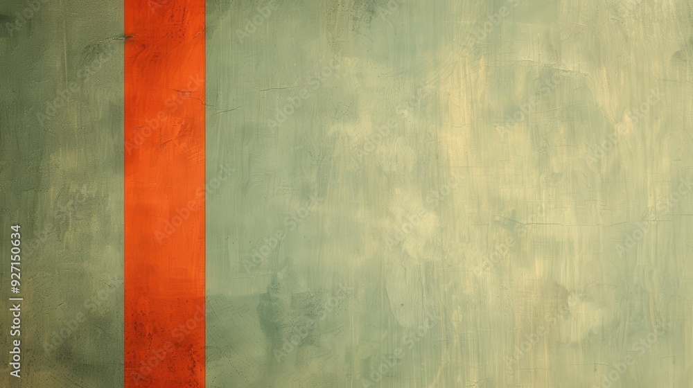 Poster A close-up view of a textured concrete wall painted in a pale green color with a single, vertical orange stripe in the center. The stripe runs the length of the frame.