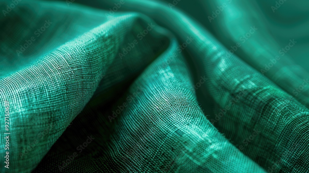 Poster A close-up view of a green fabric with a fine weave, showing the texture and details of the material. The fabric is draped and folded, creating soft, flowing lines.