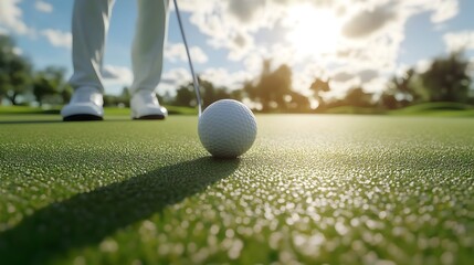 Golfer Lining Up Crucial Putt on Golf Course Green