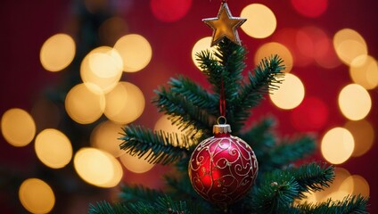 Obraz premium Christmas Tree With Ornament And Bokeh Lights In Red Background