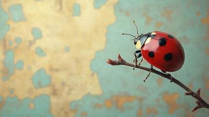 The petite ladybug rests on a small branch, set against an ancient, damaged ivory background. This abstract composition creates an imperfect organic beauty.