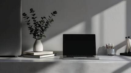 Laptop with Blank Screen and Coffee Mug on Work Desk