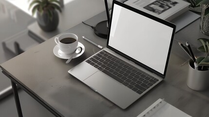 Laptop with Blank Screen and Coffee Mug on Work Desk