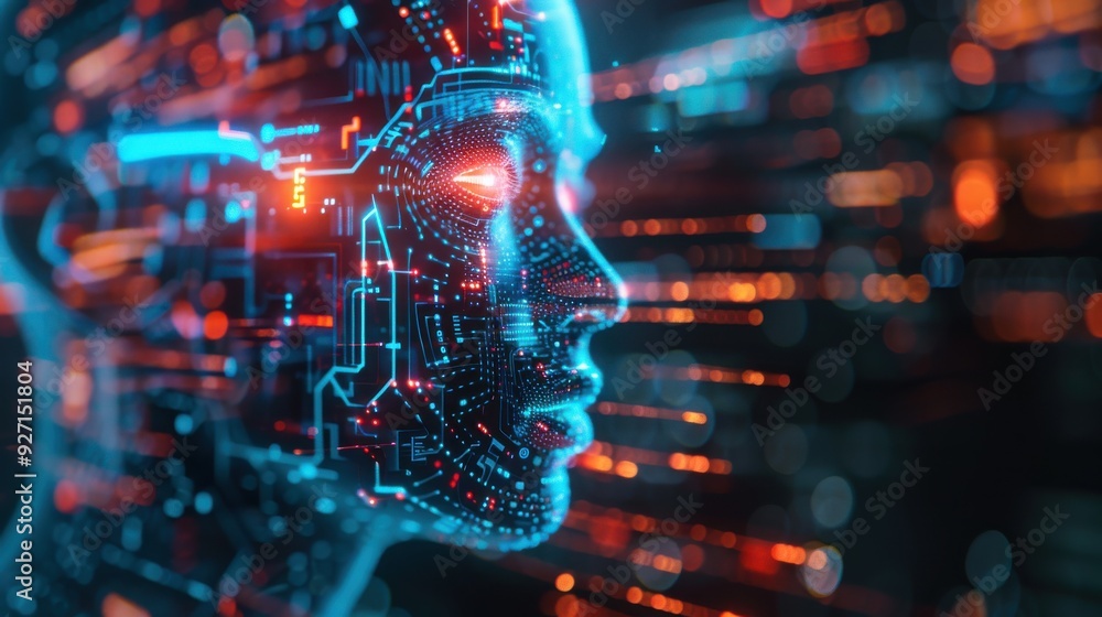 Leinwandbilder A digital representation of a human face is rendered in blue and red, appearing to be constructed from circuitry and data lines. The face is in profile, with the background appearing as a blurred back
