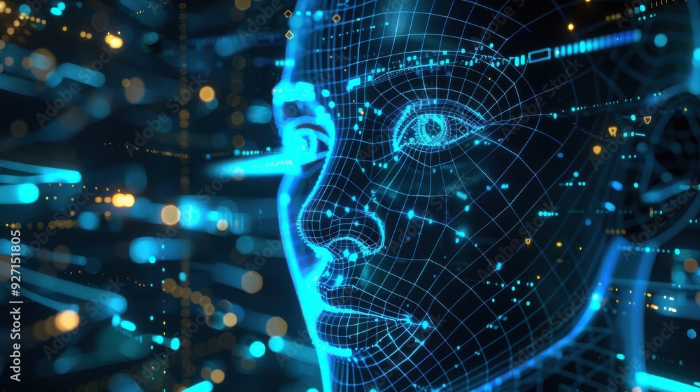 Leinwandbilder a digital human face rendered in blue with a wireframe effect. the background is a dark blue abstrac