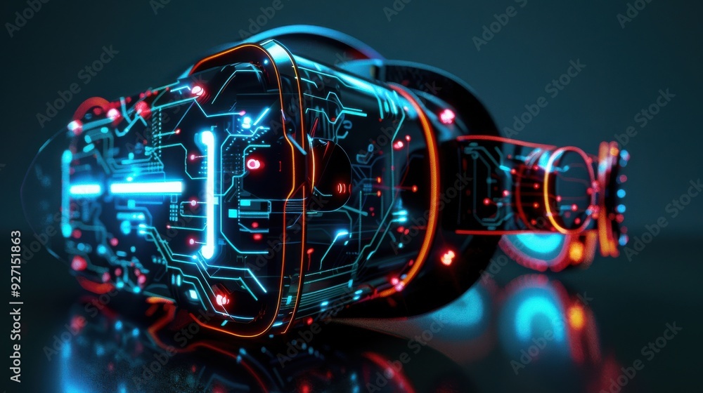 Leinwandbilder a close-up shot of a sleek, futuristic virtual reality headset resting on a reflective surface. the 