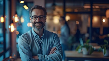 Obraz premium Portrait of happy businessman with arms crossed and smiling standing by nigh