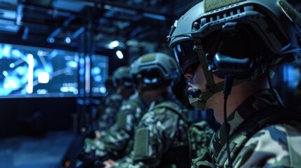 Fototapeta premium A group of soldiers in a dimly lit room are wearing helmets and camouflage uniforms while looking intently at a screen displaying a blue map. They appear to be participating in a training simulation.