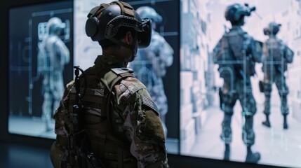A soldier wearing a virtual reality headset stands in front of a screen displaying digital targets, training for a simulated combat scenario. The soldier is wearing a camouflage uniform and is focused