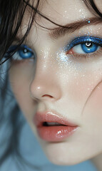 Close-up of a beautiful woman's face with smoky blue eyeshadow, dreamy and stunning gradient colors, perfect makeup