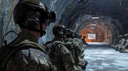 A group of soldiers wearing virtual reality headsets are sitting in a row in a simulated...