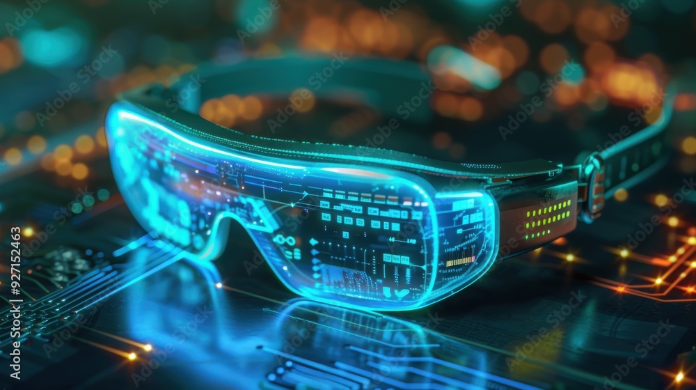 Poster a pair of futuristic goggles with a blue, digital display are resting on a circuit board with glowin
