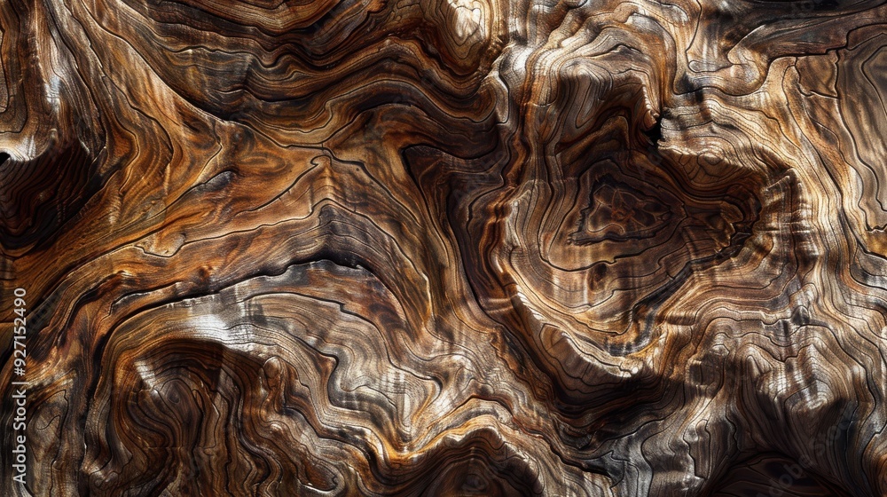 Poster The image shows a close-up view of a tree trunk, revealing intricate and swirling patterns within the wood grain. The dark brown and light brown hues of the wood create a mesmerizing and textured surf