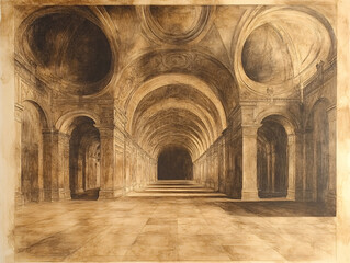 Fototapeta premium detailed sketch of a grandiose cathedral entrance, featuring a large archway and intricate carvings.