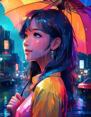 Grace in the Rain: Anime Woman with an Umbrella