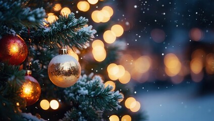 Christmas winter blurred background. Xmas tree with snow decorated with garland lights, holiday festive background. Widescreen backdrop. New year Winter