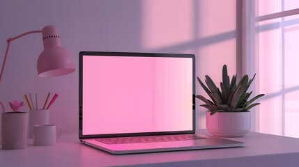 Creative workplace with mockup laptop screen. workspace office room table with laptop. Blank screen desktop computer in minimal office.
