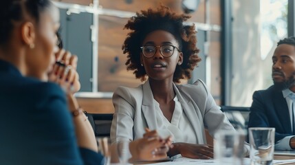 Black women, business and discussion or meeting for corporate strategy, planning or collaboration at office. African woman executive talking to employee on touchscreen technology at work